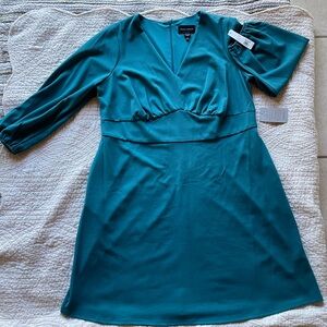 Donna Morgan Green and Blue A-Line Dress with Puff Sleeves